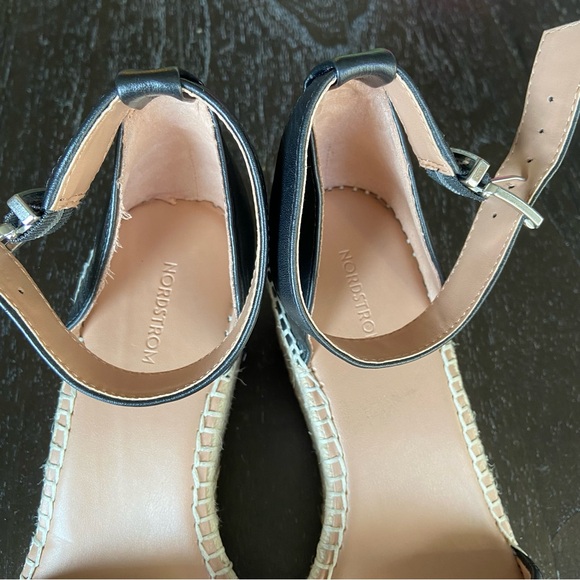 Nordstrom Carmen Black Leather Slip On Buckle Ankle Strap Wedge Sandals 9.5 - Picture 7 of 13